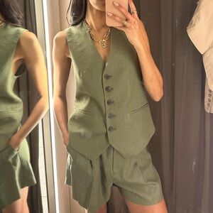 Green linen blend Zara vest and short set